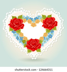 Greeting card with heart shape. Valentine's day background. Heart of flowers