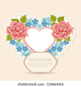 Greeting card with heart shape. Valentine's day background. Heart of flowers