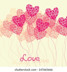 Greeting card with hearts in the form of balloons an the background