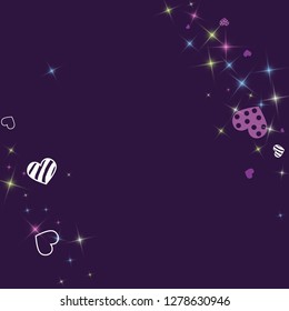 Greeting card with hearts and glitter on a purple background. Romantic confetti from hearts.
