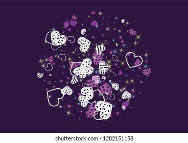 Greeting card with hearts and glitter on a purple background. Romantic confetti from hearts.
