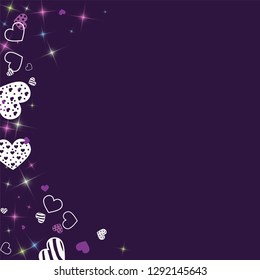 Greeting card with hearts and glitter on a purple background. Romantic confetti from hearts.
