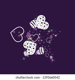Greeting card with hearts and glitter on a purple background. Romantic confetti from hearts.