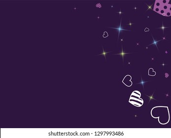 Greeting card with hearts and glitter on a purple background. Romantic confetti from hearts.