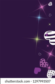 Greeting card with hearts and glitter on a purple background. Romantic confetti from hearts.