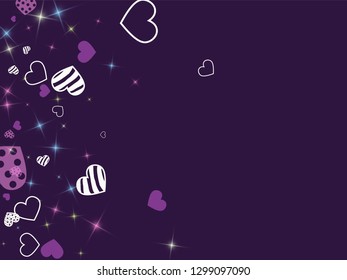 Greeting card with hearts and glitter on a purple background. Romantic confetti from hearts.