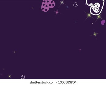 Greeting card with hearts and glitter on a purple background. Romantic confetti from hearts.