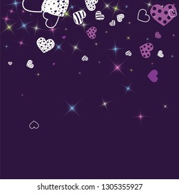 Greeting card with hearts and glitter on a purple background. Romantic confetti from hearts.