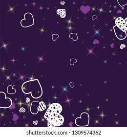 Greeting card with hearts and glitter on a purple background. Romantic confetti from hearts.