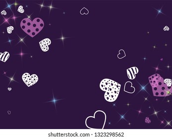 Greeting card with hearts and glitter on a purple background. Romantic confetti from hearts.