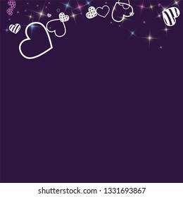 Greeting card with hearts and glitter on a purple background. Romantic confetti from hearts.