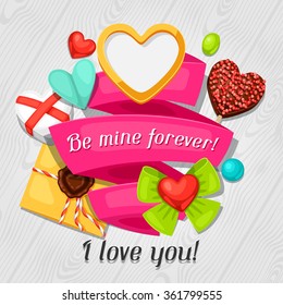 Greeting card with hearts, objects, decorations. Concept can be used for Valentines Day, wedding or love confession message.