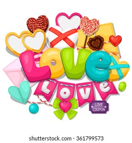 Greeting card with hearts, objects, decorations. Concept can be used for Valentines Day, wedding or love confession message.