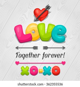 Greeting card with hearts, objects, decorations. Concept can be used for Valentines Day, wedding or love confession message.