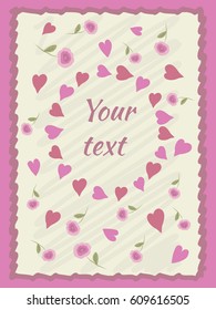 Greeting card with hearts and roses. Place for the text.