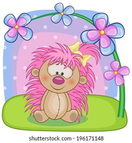 Greeting card Hedgehog girl with flowers