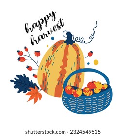 Greeting card with Hello autumn text and pumpkin.Autumn harvest. Hand painted bright pumpkin with leaves and a basket of apples on a white background. Botanical illustration with lettering for design