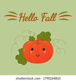 Greeting card Hello Fall with orange cute pumpkin with green leaves. Vector illustration. Light green background.