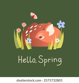 Greeting card "Hello, Spring". A deer curled up in the grass with flowers.