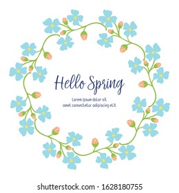 Greeting card hello spring design, with elegant pattern of leaf and floral frame. Vector