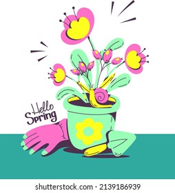 Tarjeta de saludo "Hola, primavera" - guantes de trabajo, una pala y una maceta floral con flores e inscripciones. Elementos de dibujos animados planos a mano. Ilustración vectorial.