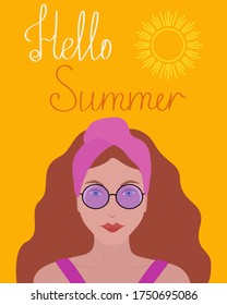 Greeting card Hello Summer. Bright vector illustration with a woman in sunglasses