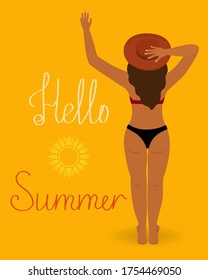 Tarjeta de saludo Hola Summer. Ilustración vectorial brillante de una mujer en un traje de baño y un sombrero de playa