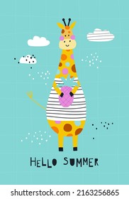 Greeting card hello summer with cute cartoon giraffe. Vector illustration