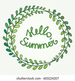 Greeting card Hello summer, with a hand-drawn frame of leaves.