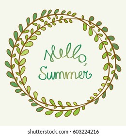 Greeting card Hello summer, with a hand-drawn frame of leaves.