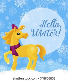 Greeting card "Hello, winter!" with a yellow horse in a winter cap and scarf and snowflakes. Vector