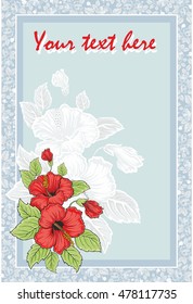 Greeting card with hibiscus flower. Elegance wedding invitation. Romantic postcard.
Vector floral border. Hawaii symbol. Photo frame.