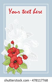 Greeting card with hibiscus flower. Elegance wedding invitation. Romantic postcard.
Vector floral border. Hawaii symbol. Photo frame.
