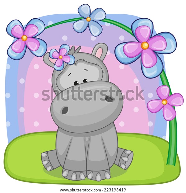 Greeting Card Hippo Flowers Vetor Stock livre De Direitos 223193419 