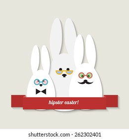 Greeting card with hipster easter bunnies and red banner with greeting text