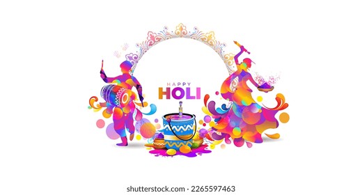 Greeting card of Holi Festival celebration. Happy Holi text. People dancing, playing with colors splash and holi fun. isolated vector illustration.