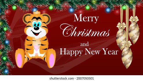 Greeting card with the holiday and decoration of New Year's toys, trees and garlands and a tiger on a red background. Premium luxury background decoration for your holiday card.