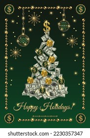 Greeting card holiday design with cash money, jewelry gold chains. Christmas tree made of 100 dollar banknotes, coins. Shiny snowflakes, stars, sparkles on green background