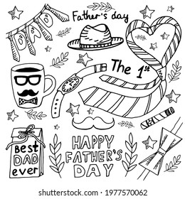 Greeting card for holiday Father's Day. Set of male items in doodle style. Lettering - Happy Father's Day. White background, isolate. Stock illustration. Father's day cute doodle set. Template.