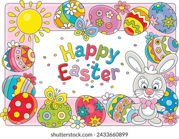 Greeting card and holiday frame border with a happy Easter bunny and colorfully painted gift eggs with spring flowers and merry butterflies fluttering around under a shining Sun, vector cartoon