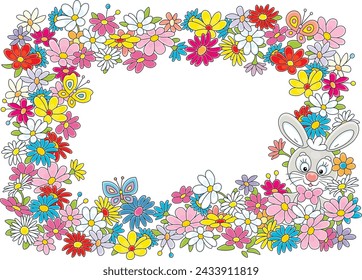 Greeting card and holiday frame border with a happy Easter bunny, colorful spring flowers and merry butterflies fluttering around, vector cartoon illustration isolated on white