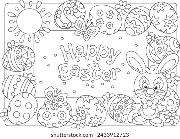 Greeting card and holiday frame border with a happy Easter bunny and colorfully painted gift eggs with spring flowers and merry butterflies fluttering around under a shining Sun, vector cartoon