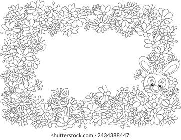 Greeting card and holiday frame border with a happy Easter bunny, spring flowers and merry butterflies fluttering around, black and white outline vector cartoon illustration for a coloring book