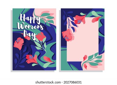 Greeting card for the holiday. Happy womens day. International holiday. Double-sided design. Colorful postcard. Space for text and wishes. Vector illustration on an isolated background.