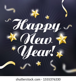 Greeting card, holiday invitation 2020. Merry Christmas template. Lettering "Happy New Year". Metallic gold stars, decoration, shimmering on a black background. Vector Illustration.