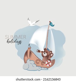 Greeting Card holiday summer. Cartoon Teddy bear on the sea