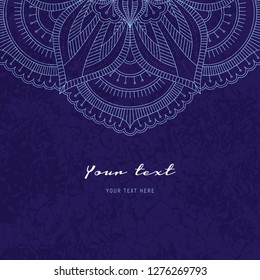 Greeting card holiday. Template round ornament on blue background with grunge texture. For invitation, poster or brochure. Vector illustration.