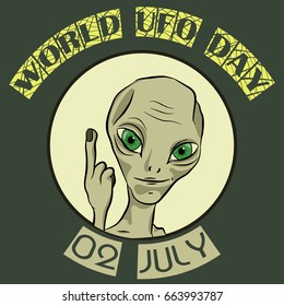 Greeting card. Holiday - World UFO Day with portrait of a humanoid