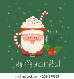 greeting card with the holidays. Cup with Santa Claus? tree, lollipop garland on a background of snowflakes. congratulatory hand lettering. vector illustration concept Xmas