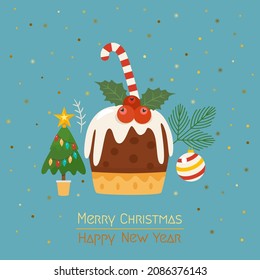 greeting card with the holidays. lollipop pudding with christmas tree and ball on snowflakes background. congratulatory lettering. vector illustration. concept Xmas